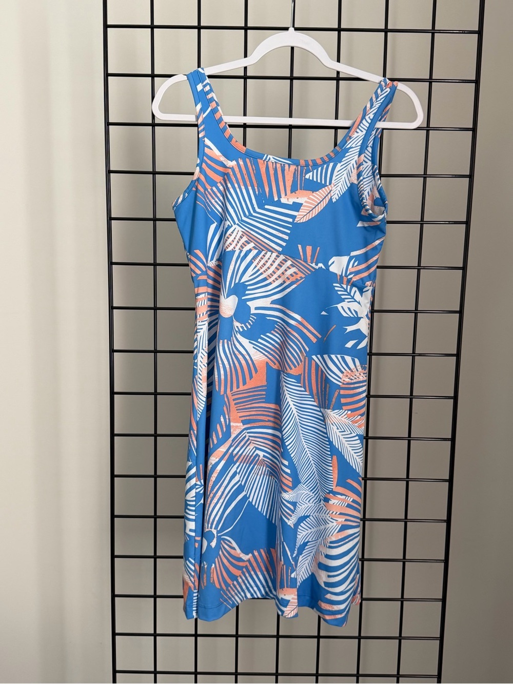 Columbia Blue Tropical-Print Midi Dress with Coral Accents